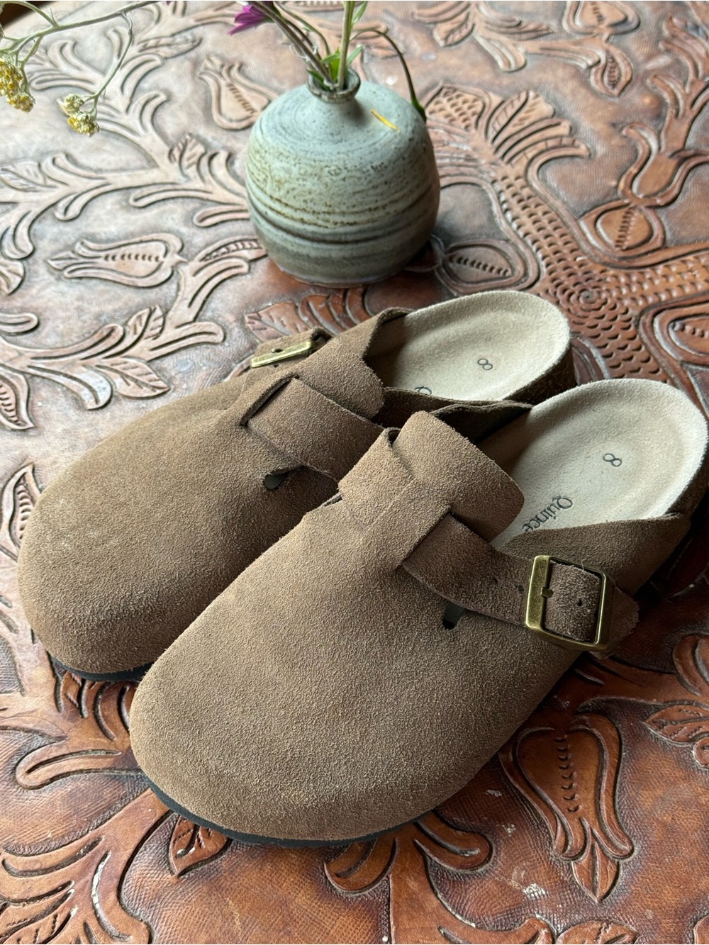 Quince Water Repellent Suede Slip-On Clog Mules in Cafe Sz 8